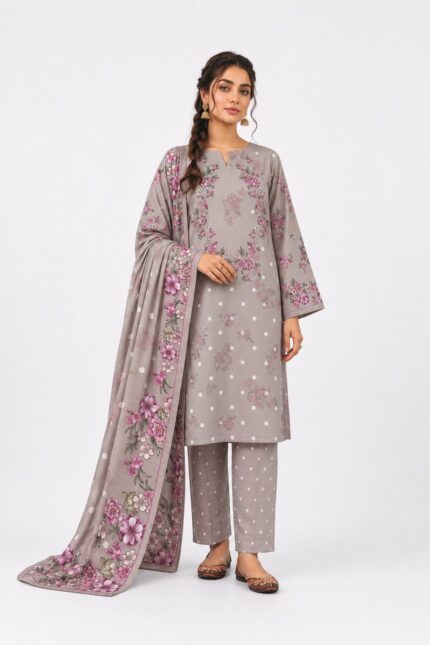 Maria B Taupe Grey 3 Piece Unstitched Digital Lawn Suit