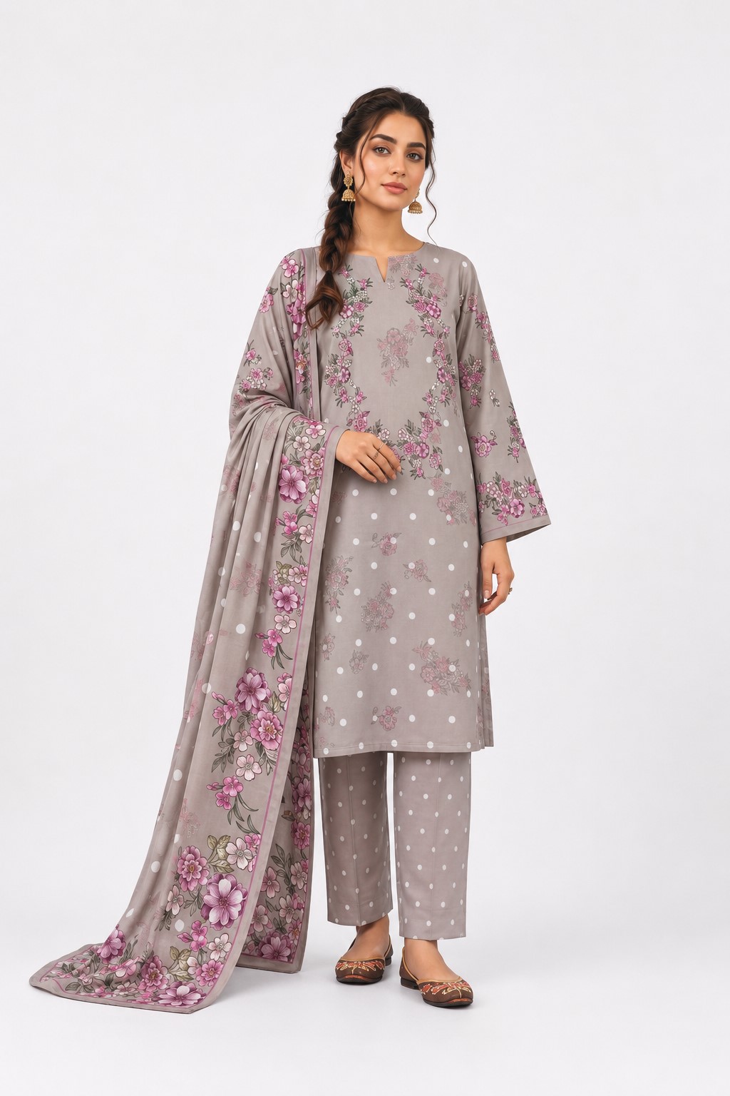 11 Maria B Taupe Grey 3 Piece Unstitched Digital Lawn Suit