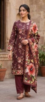 Alkaram Maroon Printed Lawn Suit for Women