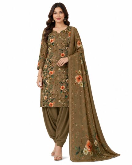 Alkaram Olive Brown Floral Printed Lawn 3 Piece Suit for Women