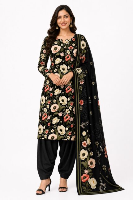 Alkaram Black Floral Printed Lawn Suit for Women – Premium 3 Piece Designer Pakistani Summer Dress