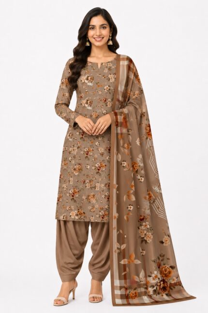 Alkaram Brown Floral Printed Lawn Suit for Women – 3 Piece Pakistani Designer Lawn Dress with Dupatta | Summer Casual & Party Wear