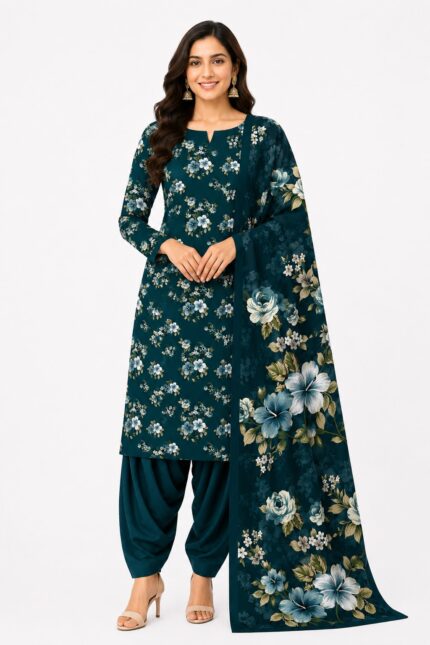 Alkaram Teal Blue Floral Printed Lawn Suit for Women – 3 Piece Pakistani Designer Lawn Dress with Dupatta | Premium Summer Ethnic Wear