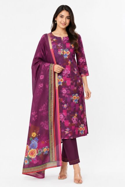 Alkaram Plum Purple Printed Lawn Suit for Women