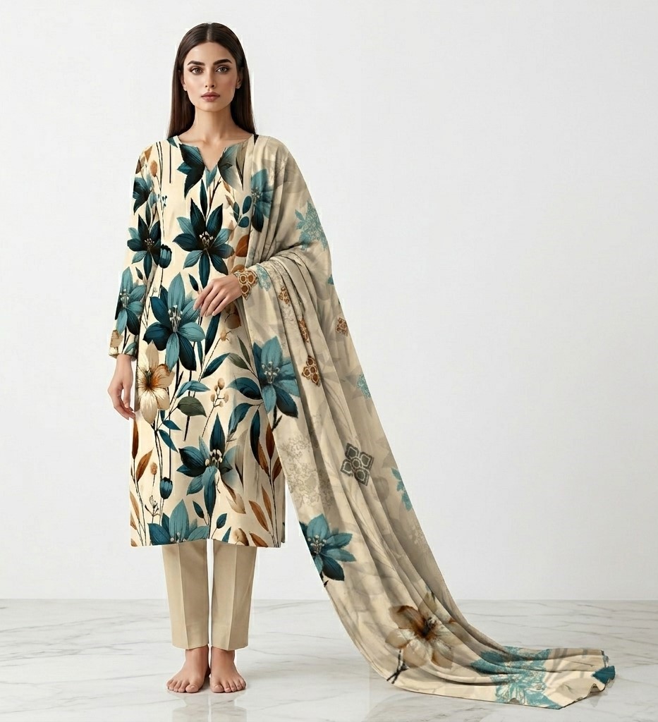 Alkaram Beige Printed Lawn Suit for Women