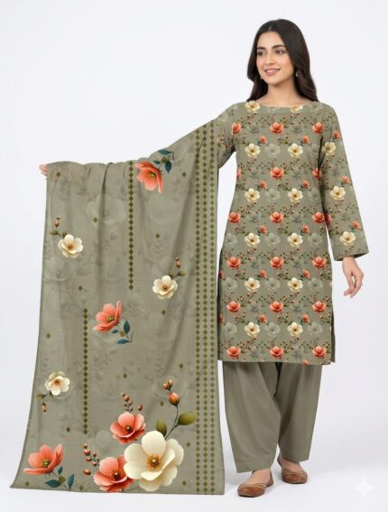 Alkaram Olive Green Printed Lawn Suit for Women