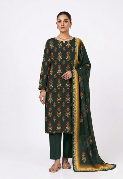 Alkaram Dark Green Printed Lawn Suit for Women