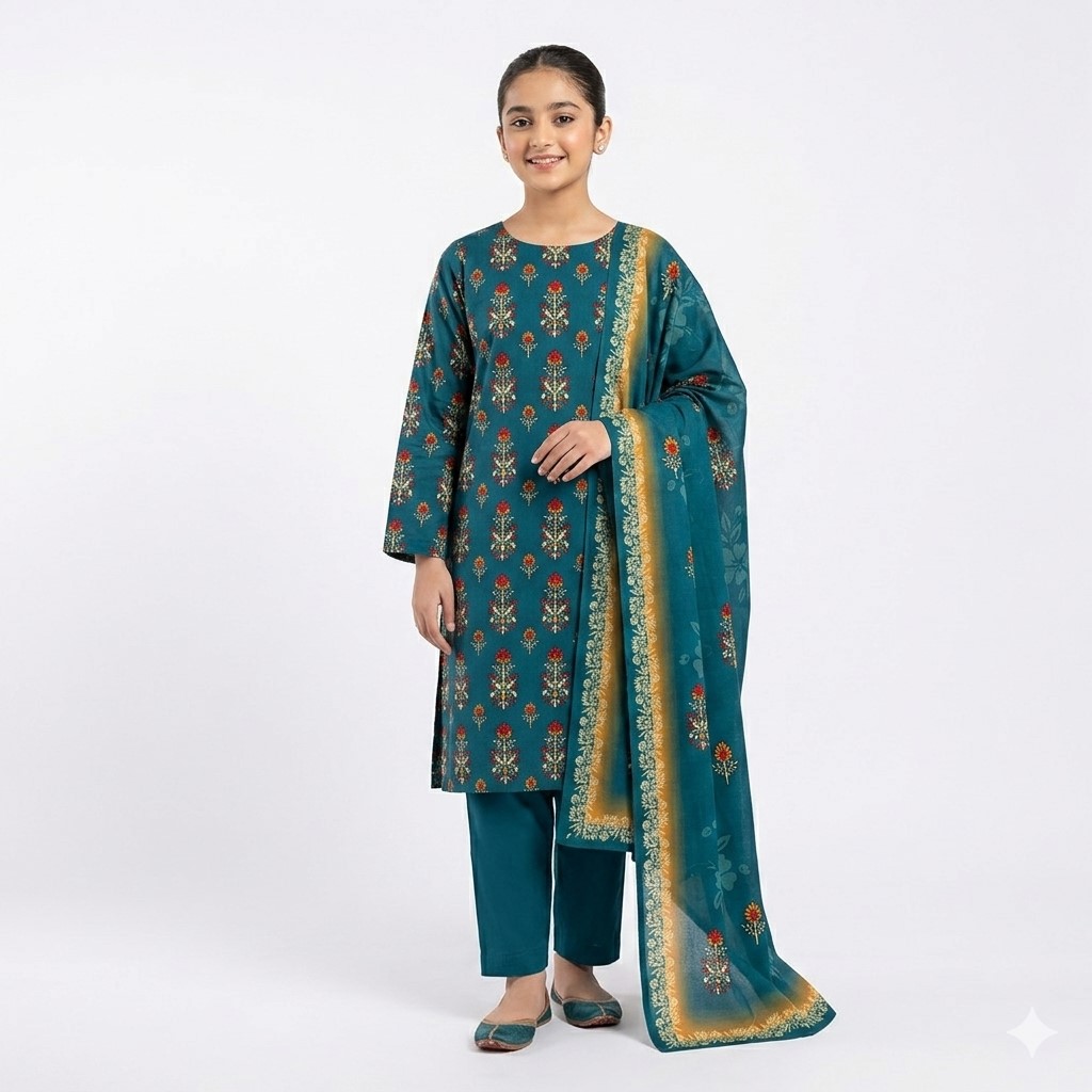 Alkaram Girls Teal Printed Lawn Suit women 3 Piece Summer Collection
