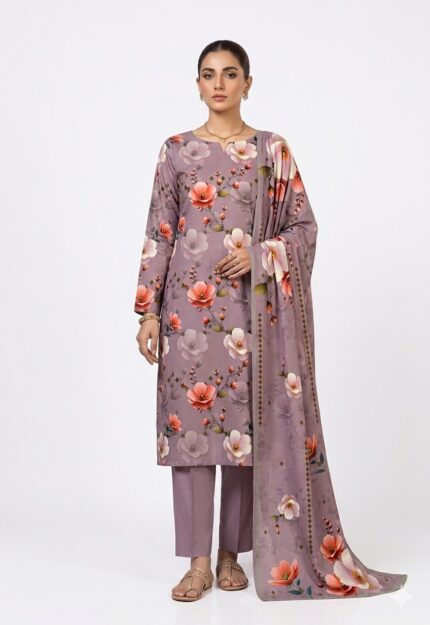 Alkaram Lavender Printed Lawn Suit for Women – Floral 3 Piece