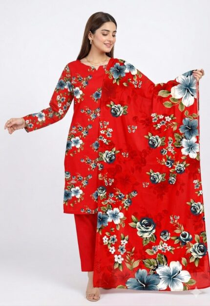 Alkaram Red Printed Lawn Suit for Women – 3 Piece