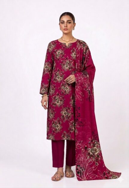Alkaram Magenta Printed Lawn Suit for Women – 3 Piece