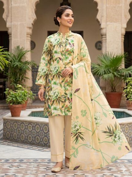 Alkaram Beige Printed Lawn Suit for Women – 3 Piece